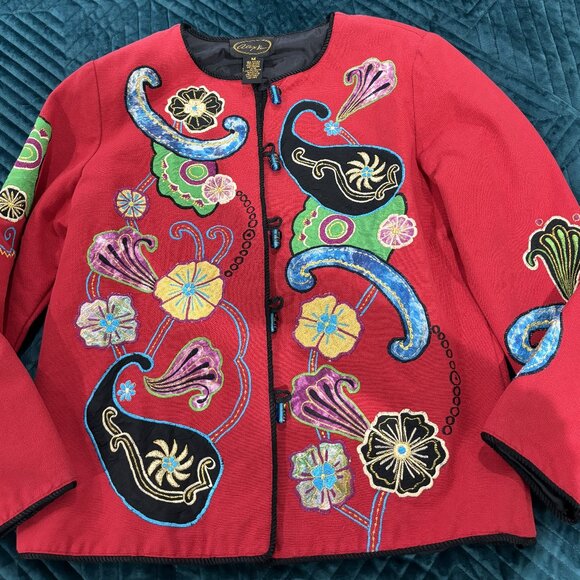 Stunning RED Embroidered & Applique Art Jacket - SIZE M - FREE SHIPPING! - Picture 1 of 10